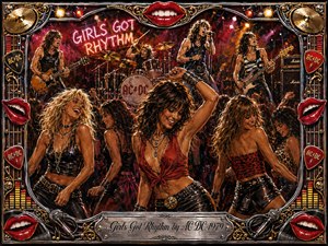 A vibrant rock concert erupts with dancing women in the foreground and a hard-driving band performing beneath glowing stage lights. Fiery reds, golds, blacks, and chrome create a glamorous 1970s atmosphere. Bold acrylic-style brushwork emphasizes movement, while ornate lips, instruments, records, and metallic details frame the energetic scene.