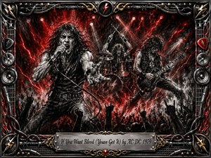 A fierce rock concert erupts in deep textured charcoal, with a screaming singer, charging guitarist, drummer, and raised crowd framed by crimson smoke and lightning-like energy. Black, gray, white, and vivid red dominate beneath harsh spotlights. An ornate chrome-and-gold musical frame surrounds the scene, finished with an engraved title plate.