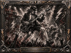 A fierce guitarist dominates a smoky concert stage, driving the scene with explosive motion as a drummer pounds behind him and silhouetted fans raise their hands below. Deep charcoal textures, stark white highlights, ember-red sparks, and lightning shapes create raw intensity, framed by ornate metalwork, guitar strings, speakers, and gold details.