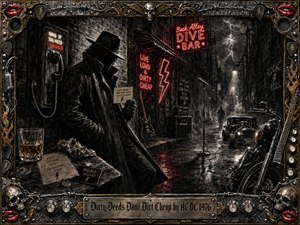 A shadowy fixer in a trench coat haunts a rain-slicked back alley outside a neon dive bar, surrounded by guitars, microphones, a motorcycle, and a hot rod. Deep charcoal textures, crimson signs, chrome highlights, and stormy lighting create a gritty noir mood, framed by skulls, lips, barbed wire, gold inlay, and rock memorabilia.