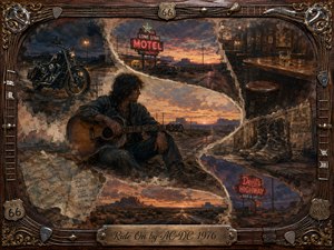 A solitary guitarist rests beside an endless desert highway at sunset, surrounded by fading memories of a motorcycle, motel, whiskey bar, worn boots, maps, and glowing roadside signs. Warm amber, dusty brown, and twilight blue tones blend through textured mixed-media brushwork, framed by ornate rosewood, chrome, guitar strings, and Route 66 details.