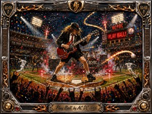 A fiery rock concert erupts across a nighttime baseball stadium, with a schoolboy-styled guitarist commanding home plate amid roaring crowds, players, amplifiers, drums, sparks, and confetti. Saturated reds, golds, blacks, and electric blues glow beneath stadium lights. Textured acrylic brushwork heightens the explosive energy, framed by ornate chrome, gold, flames, strings, and hardware.