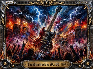 A black electric guitar erupts from a roaring concert stage beneath jagged blue-white lightning, surrounded by fiery red-orange energy, towering amplifiers, drums, microphones, and raised crowd silhouettes. Bold acrylic-like textures create explosive motion and electric intensity, while an ornate chrome-and-gold musical frame and engraved title plate complete the dramatic composition.