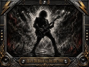 A lone guitarist dominates a stormy concert stage, rendered in deep feathered charcoal with stark white spotlights and fiery red accents. Shadowy crowds, amplifiers, lightning, and stage smoke create a fierce, triumphant mood. An elaborate chrome-and-gold musical frame surrounds the scene, anchored by an engraved title plate.