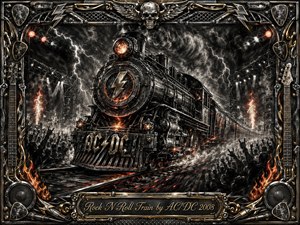 A thunderous steam locomotive charges through a stormy concert landscape, surrounded by lightning, smoke, flames, and cheering silhouettes. Deep charcoal textures dominate the dramatic composition, accented by fiery orange, chrome, and gold highlights. An ornate rock-themed metal frame with guitars, speakers, skulls, and cables completes the fierce, electrifying scene.