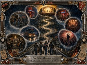 A rugged rock-and-roll journey unfolds along a winding mountain road, surrounded by smoky memory bubbles of rehearsals, tour buses, clubs, and roaring concerts. Dark blues, charcoal blacks, fiery oranges, and metallic gold dominate the textured painterly scene. An ornate guitar-and-chrome frame, glowing stage lights, and engraved title plate complete the rebellious atmosphere.