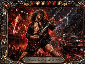 A wild guitarist dominates a fiery rock concert, surrounded by roaring crowds, stage flames, red spotlights, and stormy lightning above a neon city street. A black muscle car speeds through the background. Bold red, black, chrome, and gold tones, dramatic lighting, and textured painted details create an explosive, rebellious atmosphere.