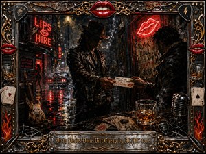 A shadowy leather-clad figure exchanges a mysterious card in a rain-soaked neon alley, surrounded by guitars, whiskey, playing cards, smoke, and vintage rock imagery. Deep blacks, fiery reds, chrome, and gold dominate the dramatic oil-painted scene, framed by ornate metallic details, glowing lips, flames, and gritty nocturnal reflections.