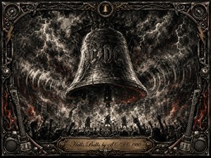 A colossal iron bell dominates a storm-darkened concert scene, surrounded by jagged lightning, swirling smoke, glowing embers, and a sea of raised hands. Deep charcoal textures, blackened steel, crimson highlights, and harsh white flashes create an ominous, electrifying mood, framed by guitars, speakers, metal ornamentation, and an engraved title plate.