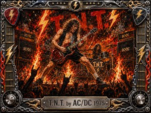 A ferocious guitarist dominates a blazing concert stage, backed by a pounding drummer, towering amplifiers, lightning bolts, flames, smoke, and a roaring crowd. Fiery reds, oranges, black, chrome, and gold create explosive intensity under dramatic stage lighting. Painterly acrylic textures and an ornate metal frame amplify the rebellious, high-voltage rock atmosphere.
