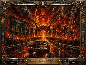 A blazing highway races toward a colossal infernal concert stage beneath a fiery skull and lightning-filled sky. A black muscle car anchors the foreground, surrounded by roaring crowds, towering speakers, and a glowing guitar. Intense reds, oranges, blacks, and metallic gold create a dramatic, textured oil-painted rock-and-roll atmosphere.