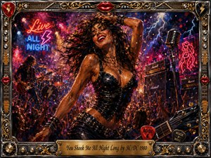 SongData_YouShookMeAllNightLong_ACDC_1980 A fierce rock-and-roll dancer dominates a packed nighttime concert, surrounded by roaring guitars, amplifiers, neon signs, raised hands, and swirling stage smoke. Crimson, electric blue, purple, gold, and chrome blaze beneath dramatic spotlights. Expressive oil-painted textures, flying hair, red lips, lightning accents, and an ornate musical frame amplify the wild, seductive energy.
