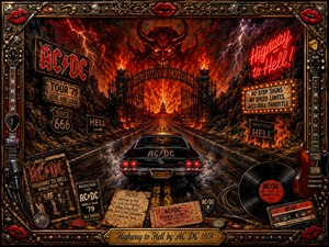 A black muscle car races toward fiery iron gates beneath a menacing horned face, surrounded by volcanic cliffs, lightning, and blazing red-orange skies. Dramatic rock-poster painting combines gritty realism with theatrical fantasy, framed by guitars, vinyl, tickets, neon signs, chrome ornament, and memorabilia, creating a rebellious, high-voltage atmosphere.