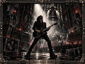 A lone guitarist commands a smoky industrial cathedral stage beneath a massive suspended bell, surrounded by towering amplifiers, gargoyles, and a roaring crowd. Black, charcoal, gunmetal, and ember-red tones create a defiant, electrifying mood. Harsh white spotlights cut through haze, while gritty oil-and-charcoal textures and a riveted metallic frame add handcrafted intensity.