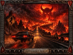 A black muscle car races along a scorched highway through a volcanic wasteland, beneath a colossal horned face formed from fire and storm clouds. Glowing reds, molten oranges, and deep blacks create a fierce, rebellious mood, while dramatic lighting, rugged textures, twisted road signs, and a guitar-inspired metal frame intensify the heavy-rock atmosphere.