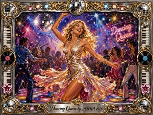 A radiant blonde dancer spins across a crowded 1970s disco floor beneath mirrored balls, colored spotlights, and cascading confetti. Her shimmering gold-and-pink dress glows against deep violet and blue surroundings. Expressive oil-paint textures create joyful movement, while an ornate chrome-and-gold musical frame, vinyl records, piano keys, and engraved title plate complete the celebratory composition.