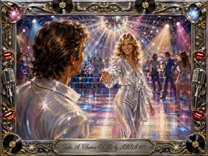 A glamorous 1970s disco scene captures a radiant woman inviting her partner onto a shimmering dance floor beneath a sparkling mirror ball. Warm gold, pink, blue, and silver lights create playful romance and anticipation. Painterly textures, dancing silhouettes, chrome ornamentation, vinyl records, microphones, red lips, and an engraved title plate complete the nostalgic composition.