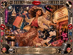 A glamorous woman twirls through a neon-lit 1980s city night, surrounded by flying shopping bags, papers, music notes, and a pink telephone. Warm gold, coral, red, teal, and electric blue glow beneath sparkling theatrical lights. The glossy digital painting is framed with ornate chrome, records, lips, roses, piano keys, and musical details.