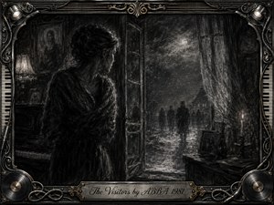 A solitary woman stands tensely in a shadowed room, watching mysterious figures approach through a snowy night. Deep feathered charcoal textures, smoky grays, pale moonlight, and candlelit highlights create an ominous, cinematic mood. An ornate musical frame of metal, piano keys, records, cables, and gold details surrounds the haunting scene.