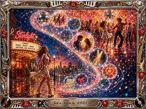 A glamorous woman pauses outside a glowing city dance hall as sparkling feathered bubbles sweep in an S-curve toward a jubilant disco scene. Rich gold, rose, blue, and silver tones shimmer under cinematic lights. The vibrant painterly composition blends romance, music, and anticipation, framed by ornate chrome, instruments, red lips, and engraved detailing.