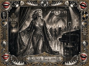 A poised woman steps from shadow into a glamorous Art Deco music hall, surrounded by dancers, piano, microphone, and shimmering disco lights. Deep feathered charcoal textures create smoky drama, while gold, chrome, piano keys, records, and vivid red lips enrich the ornate frame. The mood is confident, nostalgic, resilient, and celebratory.