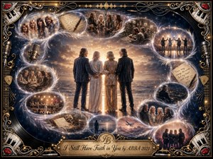 Four mature musicians stand united before a radiant horizon, surrounded by feathered memory bubbles tracing decades of music, friendship, distance, and reunion. Deep midnight blues, silver, and warm gold create a nostalgic, hopeful atmosphere. Cinematic light, painterly detail, musical ornaments, and an elaborate chrome-and-gold frame reinforce themes of enduring faith and shared history.