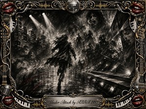 A lone woman runs through a rain-slicked, shadowy city-stage landscape, pursued by ghostlike figures and fractured faces. Deep charcoal textures, smoky smudges, harsh spotlights, and faint crimson accents create urgent tension. An ornate chrome-and-gold musical frame surrounds the scene with guitars, microphones, piano keys, disco details, red lips, and an engraved title plate.