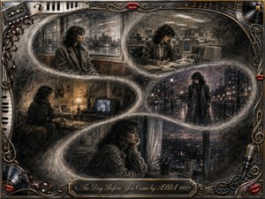 A solitary woman moves through an ordinary 1980s day in feathered charcoal vignettes arranged along a flowing S-curve: commuting, working, walking rainy streets, watching television, and gazing from her window. Smoky grays, muted sepia, blue dusk, and warm lamplight create wistful isolation, framed by ornate musical motifs and gold detailing.