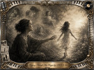 A wistful mother reaches toward her young daughter as the child moves into glowing morning light, while faded childhood memories drift through a charcoal haze behind them. Rich sepia grays, soft illumination, and feathered textures create a tender nostalgic mood, framed by ornate gold, chrome, piano keys, photographs, records, and musical details.