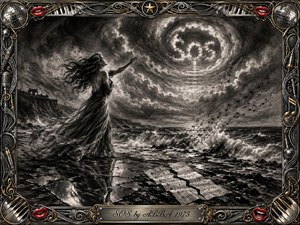 A lone woman reaches toward a stormy sky where SOS emerges through swirling clouds above a turbulent sea. Deep charcoal textures, torn sheet music, reflective shards, and windblown musical notes heighten the heartbreak. An ornate chrome-and-gold music-themed frame, accented with red lips, surrounds the dramatic monochrome scene.