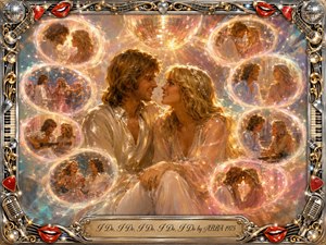 A radiant 1970s romance unfolds beneath a glowing disco ball, with a smiling couple surrounded by feathered memory bubbles of dancing, music, and tender moments. Warm gold, blush, cream, and aqua tones shimmer through painterly light. An ornate chrome-and-gold musical frame, red lips, microphones, and sparkling details complete the joyful composition.
