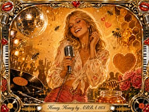 A joyful blonde singer poses with a vintage microphone in a glowing 1970s disco fantasy, surrounded by bees, honeycomb, roses, vinyl records, and a sparkling mirror ball. Warm amber, gold, pink, and red tones create a flirtatious, celebratory mood, framed by ornate musical details and a polished engraved title plate.