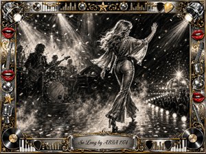 A glamorous performer strides away from a smoky concert stage, raising one hand in a confident farewell as musicians fade behind her. Deep feathered charcoal, brilliant spotlights, confetti, and glowing crowds create energetic drama. An ornate chrome-and-gold musical frame, accented with red lips and records, completes the vintage 1970s atmosphere.