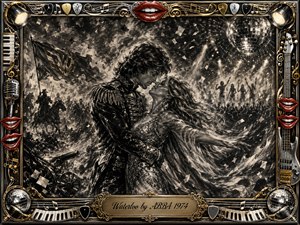 A dramatic charcoal tableau shows a glamorous couple embracing amid a swirling fusion of battlefield smoke and disco spectacle. Deep blacks, silvery highlights, confetti, cavalry silhouettes, spotlights, and a mirrored ball create theatrical energy. An ornate chrome-and-gold musical frame, bright red lips, instruments, and the engraved Waterloo title complete the composition.