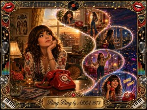 A dreamy 1970s woman waits beside a vivid red rotary telephone in a cozy city apartment, surrounded by glowing timeline bubbles tracing anticipation into joyful connection. Warm gold sunsets shift into blue-purple night, while sparkling lights, floral patterns, records, microphones, piano keys, and ornate gold filigree create a nostalgic, richly detailed retro-pop collage.