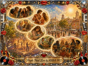 A radiant 1970s-inspired digital painting celebrates love through feathered, glowing vignettes arranged in a flowing S-curve, showing friends, couples, families, neighbors, and musicians sharing joyful connection. Warm gold, coral, red, and sky blue glow across a festive town square, framed by ornate chrome, roses, instruments, vinyl records, and musical motifs.