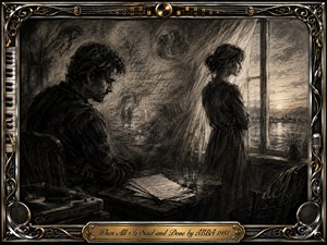 A somber charcoal scene shows a man seated in shadow while a woman stands apart beside a glowing waterfront window, suggesting quiet emotional separation. Feathered blacks, smoky grays, faded memories, handwritten letters, a turntable, and scattered papers deepen the reflective mood. An ornate chrome-and-gold musical frame surrounds the intimate composition.