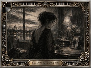 A solitary woman sits beside a rain-streaked window in a shadowy, elegant room, absorbed in quiet heartbreak and reflection. Deep charcoal textures, smoky grays, soft sepia highlights, and lamplight create a wistful atmosphere. A photograph, roses, empty chair, piano, and ornate chrome-and-gold musical frame reinforce themes of memory, loneliness, and lost love.