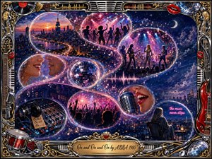 A luminous retro-disco collage traces an S-shaped stream of glowing memory bubbles through a midnight city, linking dancers, musicians, crowds, microphones, and intimate moments. Electric blues, magentas, gold, and chrome shimmer beneath theatrical lights, while ornate instruments, red lips, vinyl details, and a gilded engraved frame heighten the glamorous, continuous musical energy.
