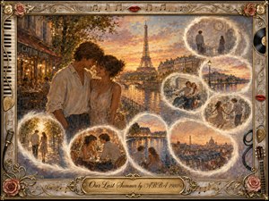 A young couple shares a tender Parisian summer memory beneath a glowing sunset, with the Eiffel Tower rising beyond the river. Feathered dream bubbles trace an S-curve of cafes, dancing, travel, and parting. Warm gold, rose, lavender, and blue tones enhance the nostalgic painterly style, framed by ornate musical details.