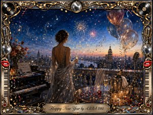 A glamorous woman in a shimmering silver gown stands on a rooftop balcony overlooking a glowing city beneath fading fireworks. Deep midnight blues blend into warm dawn tones, while champagne, balloons, roses, musical notes, and confetti create bittersweet celebration. An ornate gold-and-chrome music-themed frame adds sparkling, nostalgic elegance.