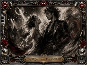 A dramatic charcoal romance unfolds beneath a shimmering disco ball, where a glamorous woman reaches toward a brooding man amid smoky nightclub shadows. Deep blacks, silvery grays, and restrained crimson accents create seductive tension. An ornate chrome-and-gold musical frame features red lips, roses, speakers, cables, stars, and an engraved title plate.
