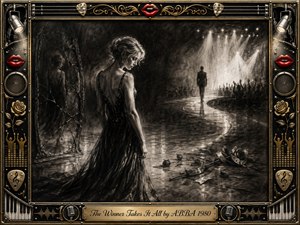 A solitary woman in a flowing black gown stands beneath fading stage lights as a distant figure walks toward a cheering crowd. Rendered in deep, feathered charcoal, the scene feels mournful, elegant, and cinematic. Cracked reflections, scattered roses, dramatic shadows, and a richly ornamented gold-and-chrome musical frame heighten the bittersweet sense of loss.