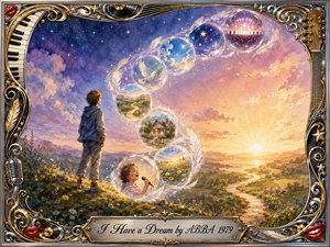 A hopeful young dreamer stands on a flowered hillside beneath a starry-to-sunlit sky, watching translucent feathered bubbles curve upward in an elegant S-shape. Warm gold, peach, violet, and blue tones illuminate symbolic scenes of music, peace, home, and possibility, framed by ornate chrome-and-gold musical motifs.