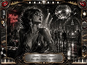A glamorous woman leans pensively in a midnight disco, rendered in richly feathered charcoal with smoky blacks, silvery highlights, and flashes of red and gold. A sparkling mirror ball, dancers, city lights, and reflective flooring create restless energy, while the ornate music-themed frame and engraved title plate complete the dramatic composition.
