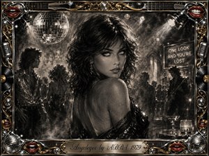 A glamorous woman with luminous, hypnotic eyes dominates a smoky 1970s disco nightclub, surrounded by shadowy dancers, musicians, spotlights, and a mirrored ball. Deep feathered charcoal textures create seductive mystery, while silver, black, gold, and vivid red accents enliven the ornate musical frame, engraved title plate, microphones, records, and smiling lips.
