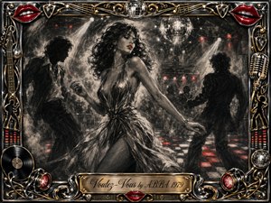 A glamorous dancer commands a smoky 1970s disco floor beneath a sparkling mirror ball, surrounded by shadowy figures and dramatic spotlights. Deep feathered charcoal textures create a sultry, energetic mood, accented by vivid red highlights, chrome, and gold. An ornate music-themed frame and engraved title plate complete the vintage composition.