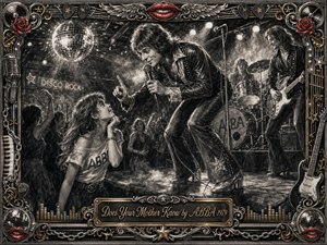 A charismatic singer leans toward an admiring young fan in a smoky 1970s disco-rock club, surrounded by guitar, drums, dancers, and a glittering mirror ball. Deep charcoal textures, dramatic spotlights, metallic gold details, and vivid red lips create playful tension, while the ornate musical frame and engraved title plate complete the vintage poster style.