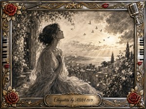 A contemplative woman in a flowing dress gazes toward a luminous Mediterranean sunrise, surrounded by flowers, drifting petals, distant birds, and hillside buildings. Deep feathered charcoal textures create a tender, hopeful mood. An ornate chrome-and-gold musical frame features roses, piano keys, red lips, a microphone, and an engraved title plate.