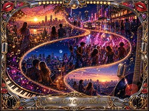 A glamorous digital painting captures a summer city pulsing from sunset into neon night, linked by a glowing S-shaped ribbon of light. Rooftop couples, dancing crowds, mirrored disco balls, wet streets, and sparkling skylines glow in magenta, violet, blue, amber, and gold, framed by ornate chrome, musical motifs, and a polished engraved title plate.